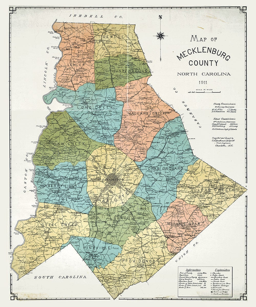 1911 Map of Mechlenburg County North Carolina