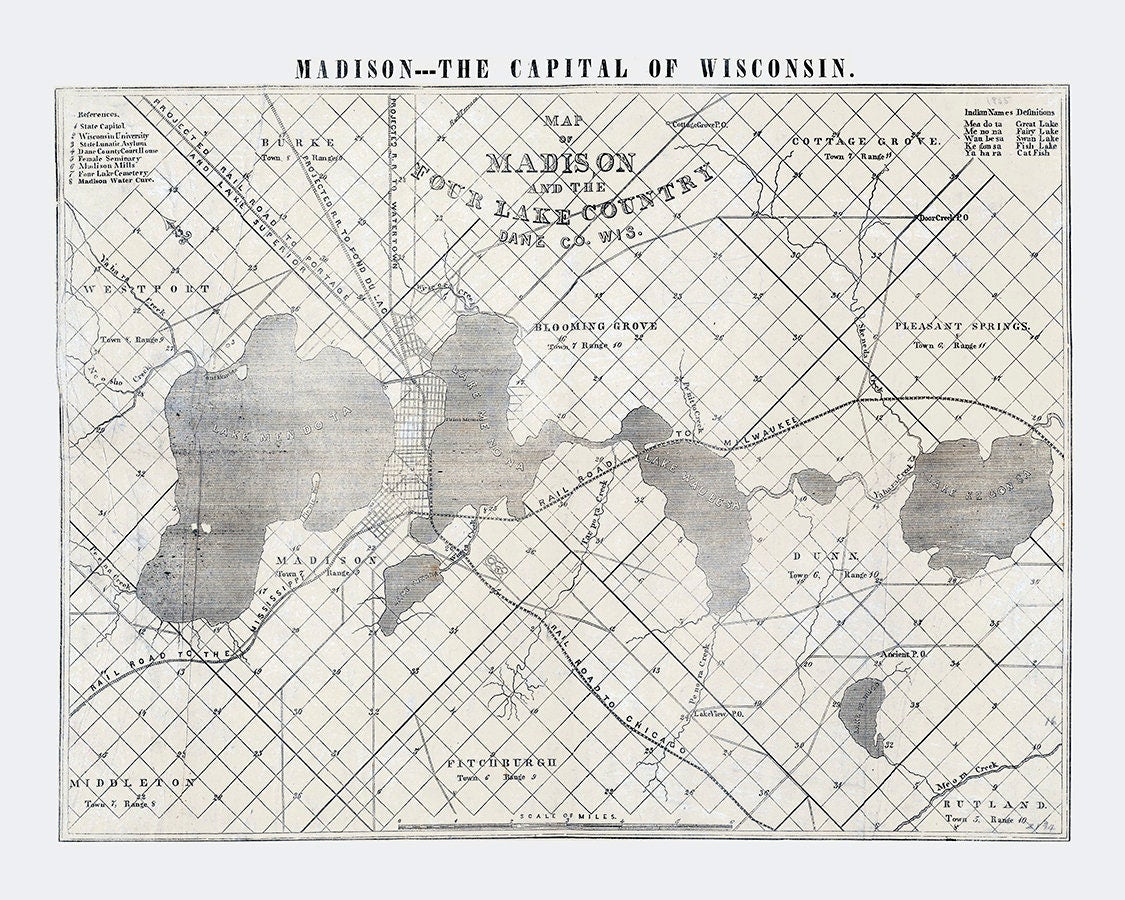 1855 Map of Madison and the Four Lake Country Dane County Wisconsin