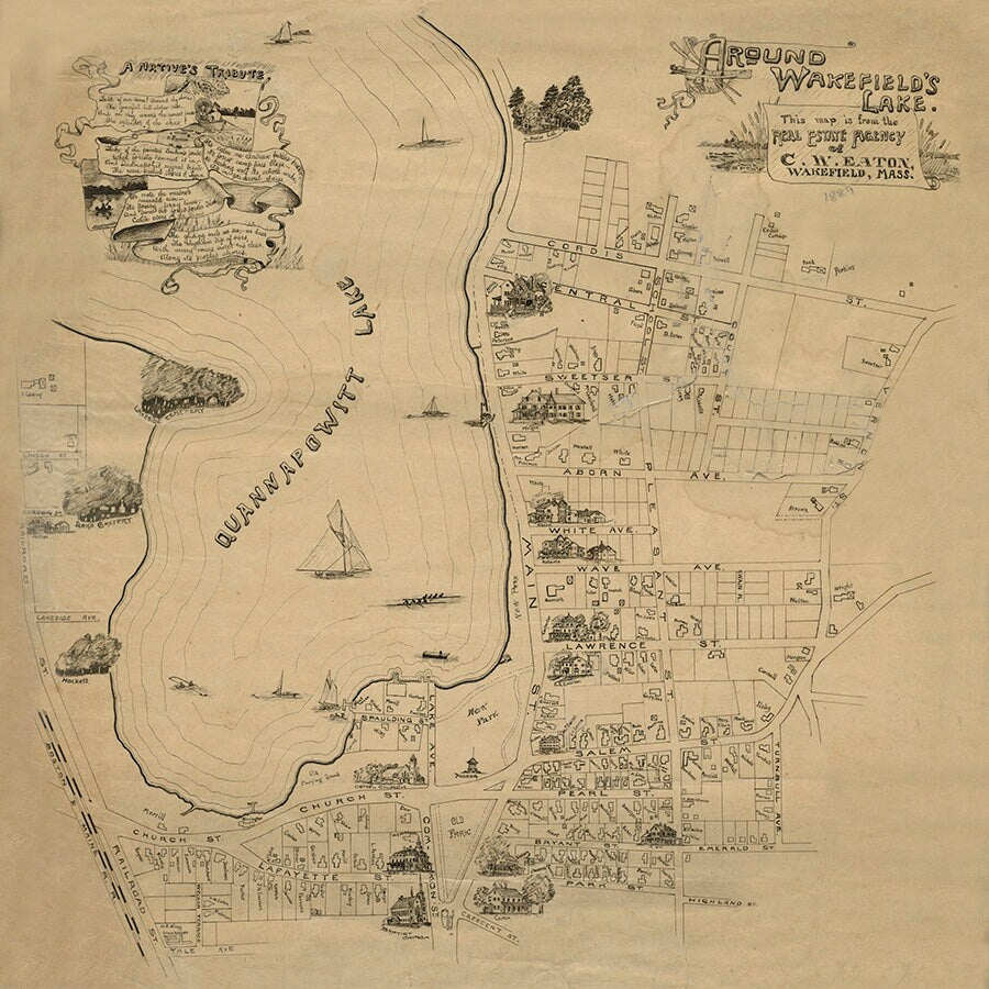 1889 Map of Wakefields Lake Massachusetts Quannapowitt Lake