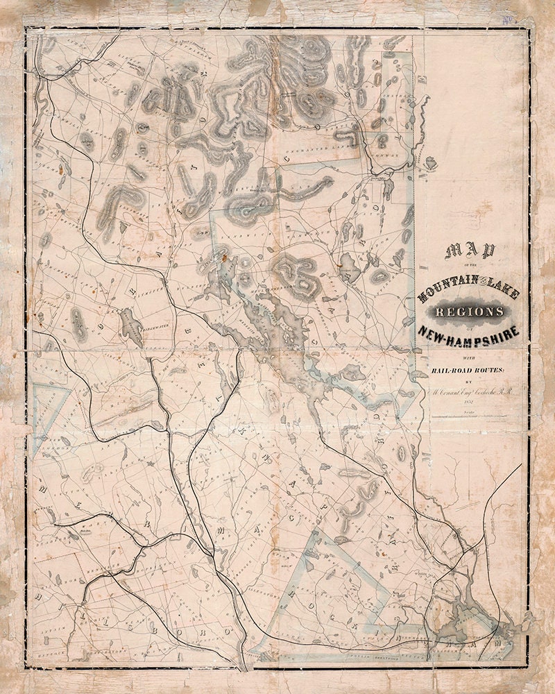 1852 Map of the Mountain Lake Regions New Hampshire