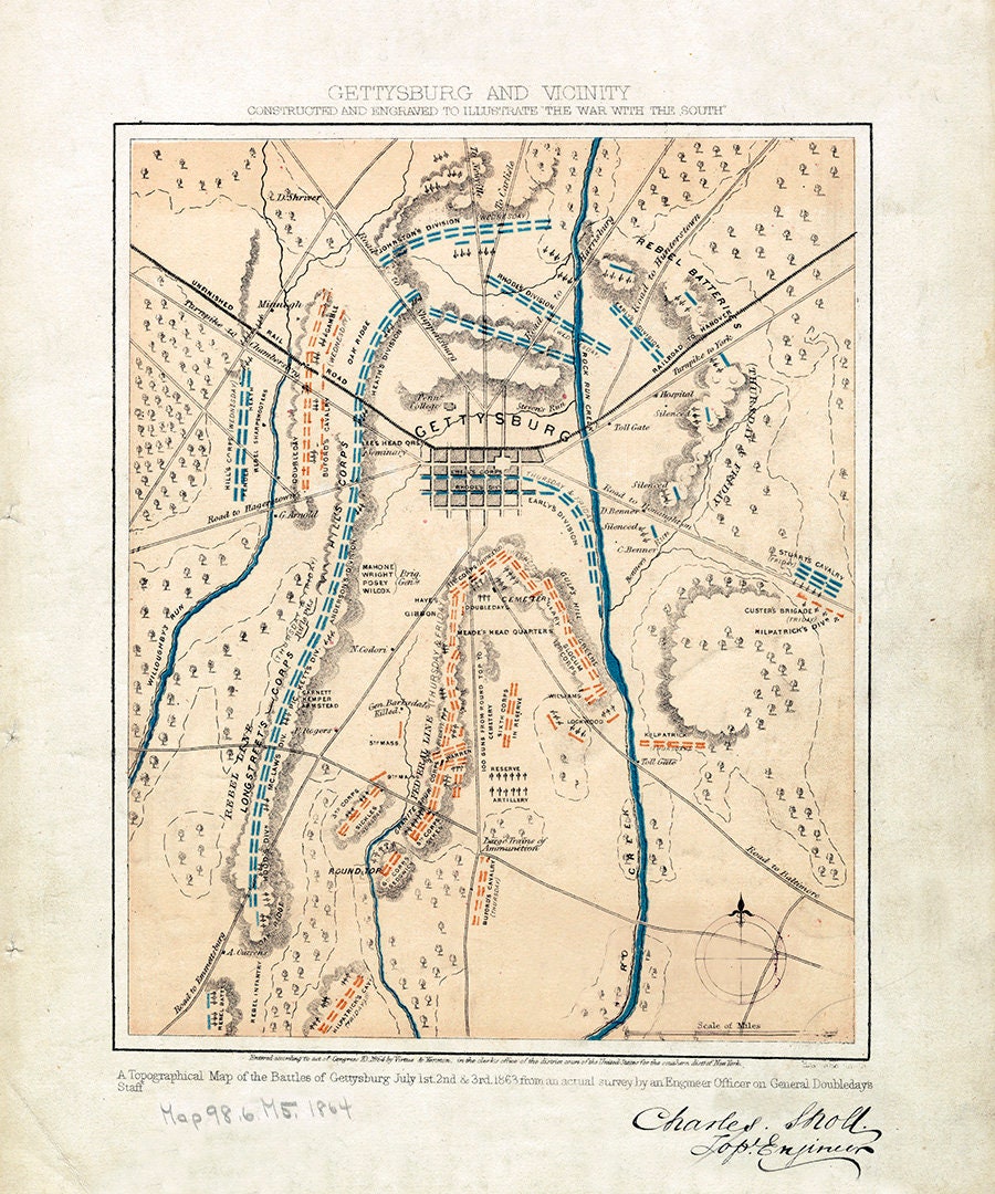 1864 Map of the Gettysburg Pennsylvania Battlefield Civil War