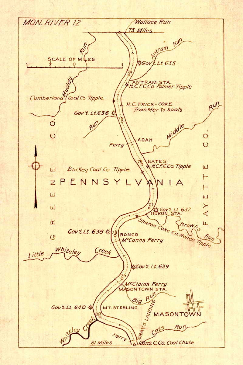 1920s Map of Monagahela River Along Cumberland Twp Greene County PA