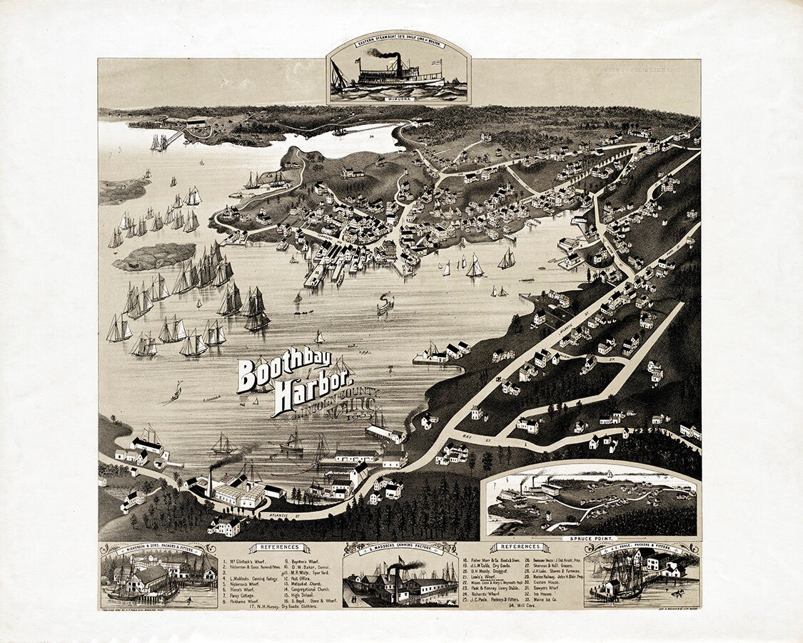 1885 Panoramic Map of Boothbay Harbor Lincoln County Maine