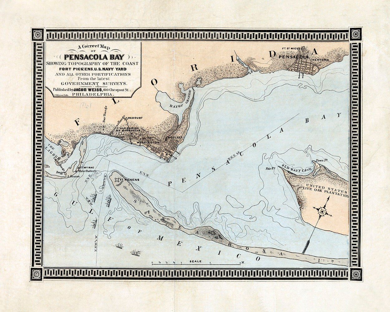 1861 Map of Pensacola Bay Florida Fort Pickens