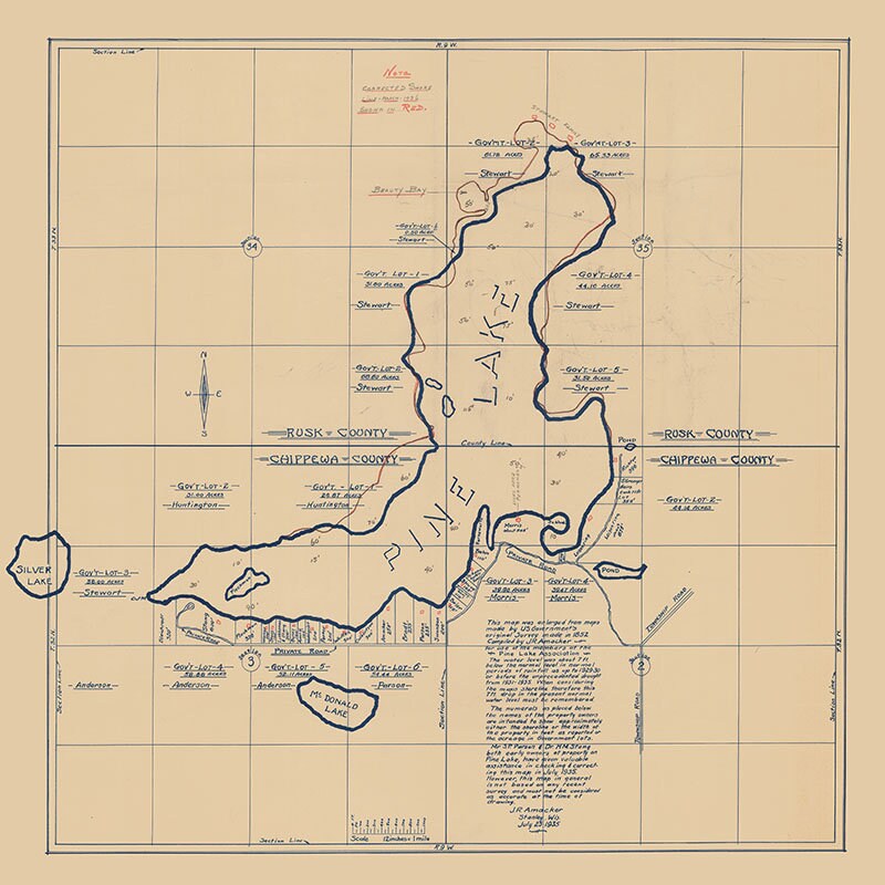 1935 Map of Pine Lake Chippewa and Rusk County Wisconsin