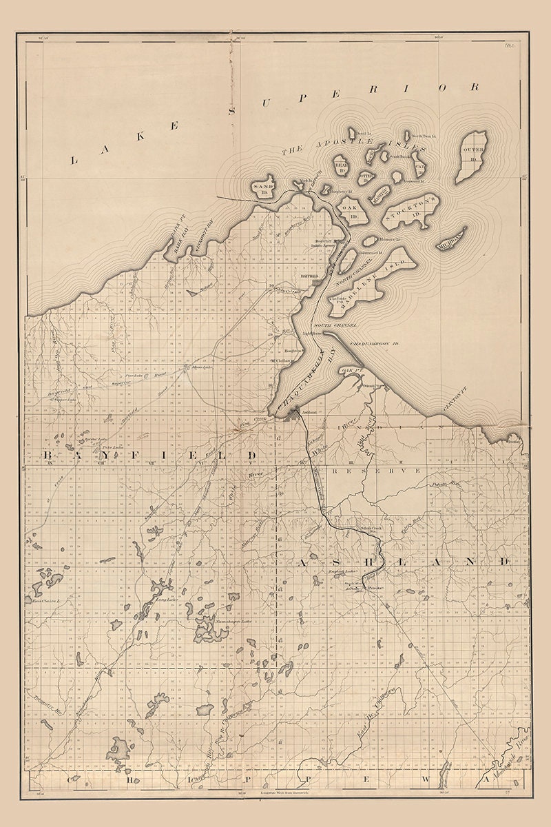 1880 Map of Ashland and Bayfield County Wisconsin