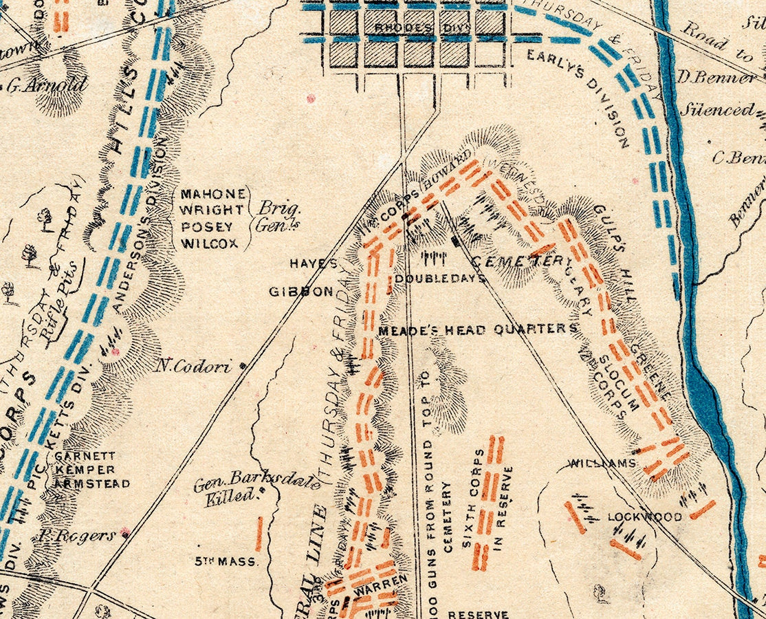 1864 Map of the Gettysburg Pennsylvania Battlefield Civil War