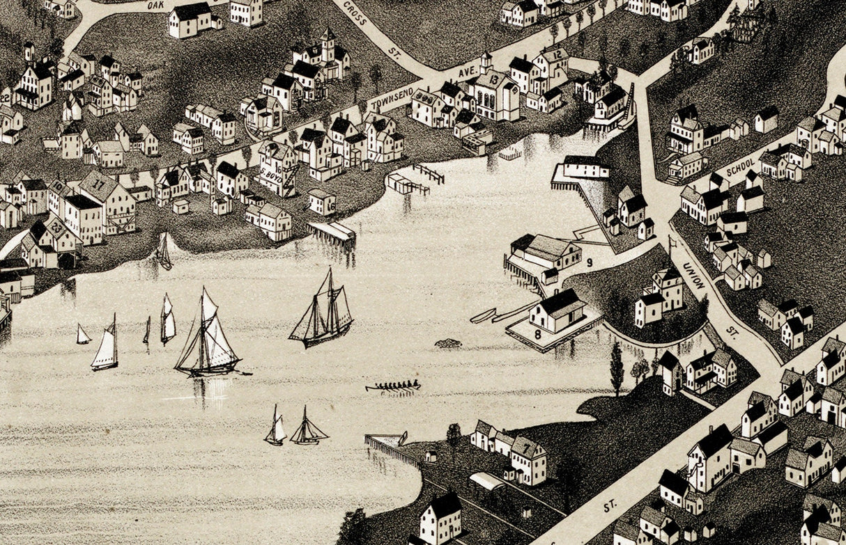 1885 Panoramic Map of Boothbay Harbor Lincoln County Maine