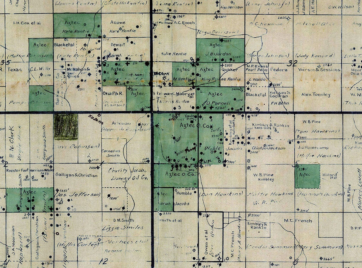 1913 Oil Well Map of Tiger Flats District Okmulgee County Oklahoma