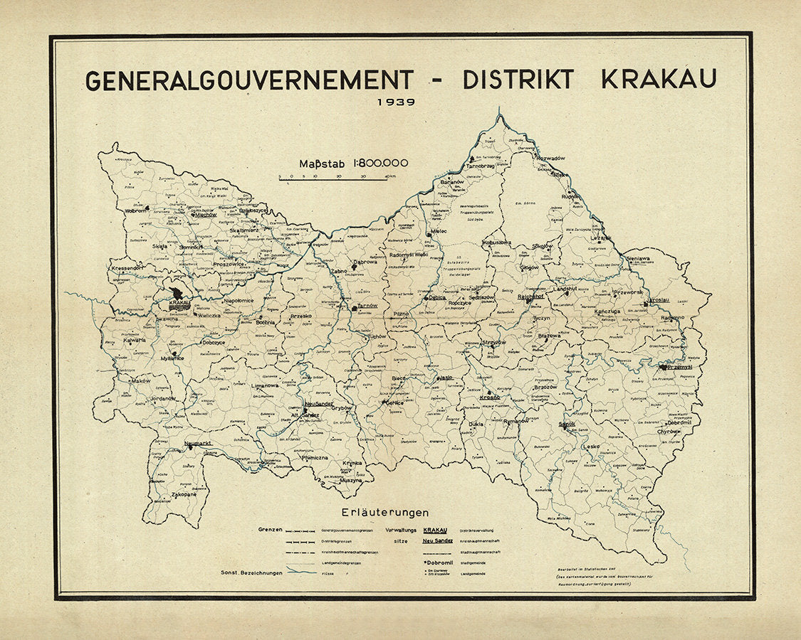 1939 Town and Region Map of Krakau District Galicia Austria Hungary