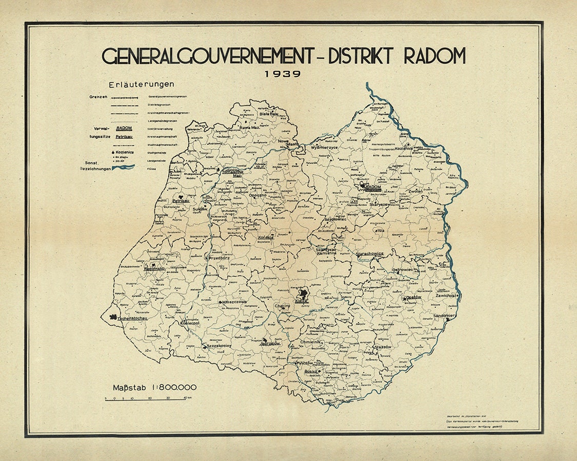 1939 Town and Region Map of Radom District Galicia Austria Hungary