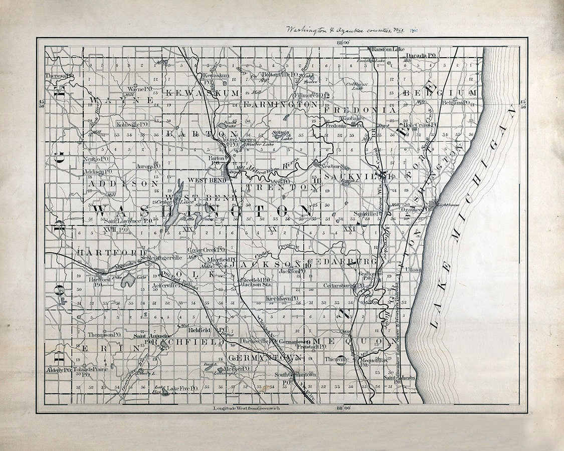 1880 Map of Washington and Ozaukee County Wisconsin