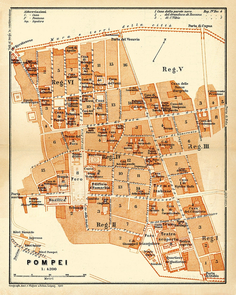 1910 Map of Pompei Italy Baedeker Map