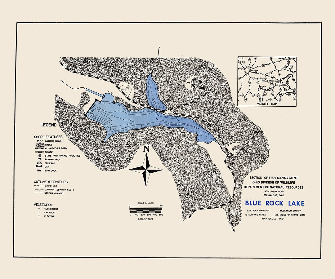 1960 Map of Blue Rock Lake Muskingum County Ohio