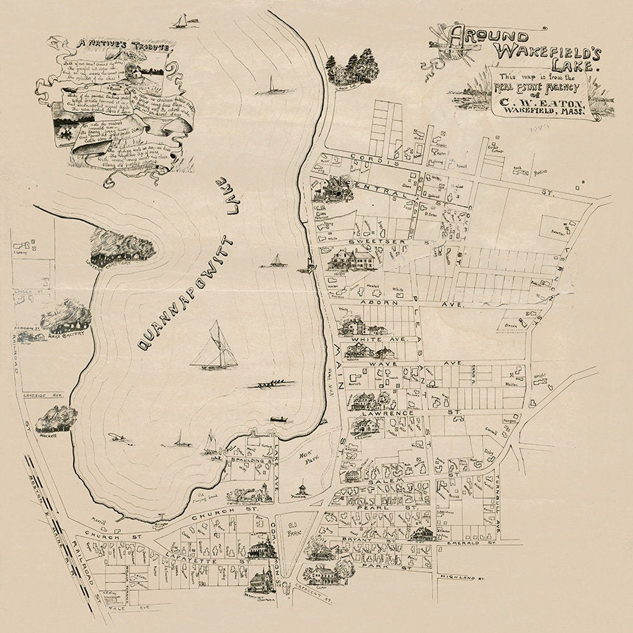 1889 Map of Quannapowitt Lake Wakefield Massachusetts