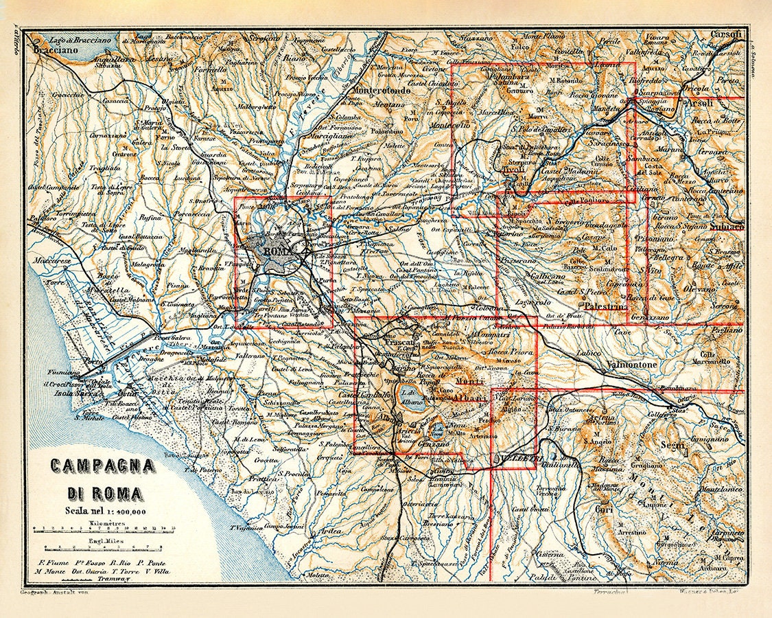 1910 Baedeker Map of Rome Italy and Environs Campagna Di Roma