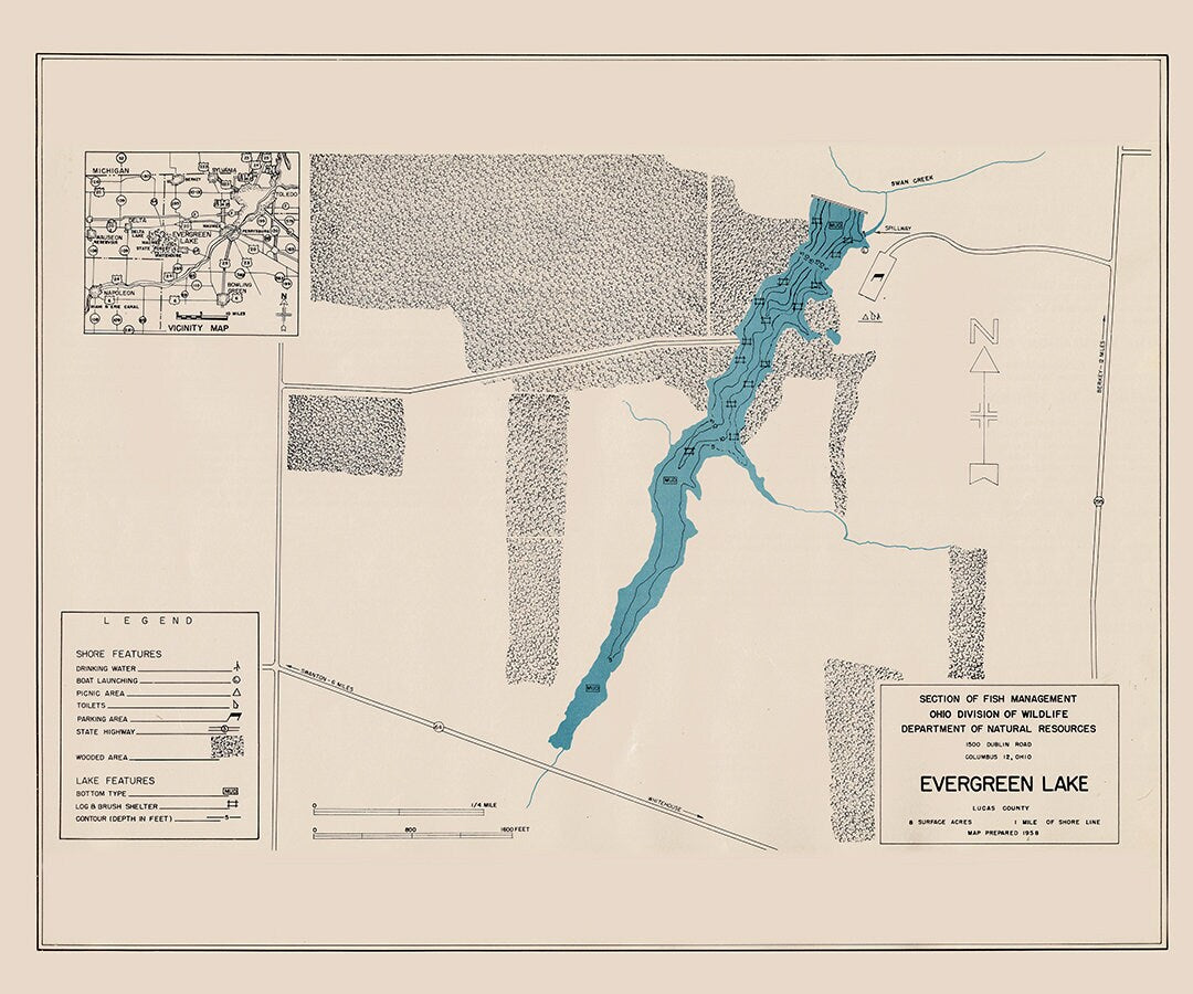 1958 Map of Evergreen Lake Lucas County Ohio