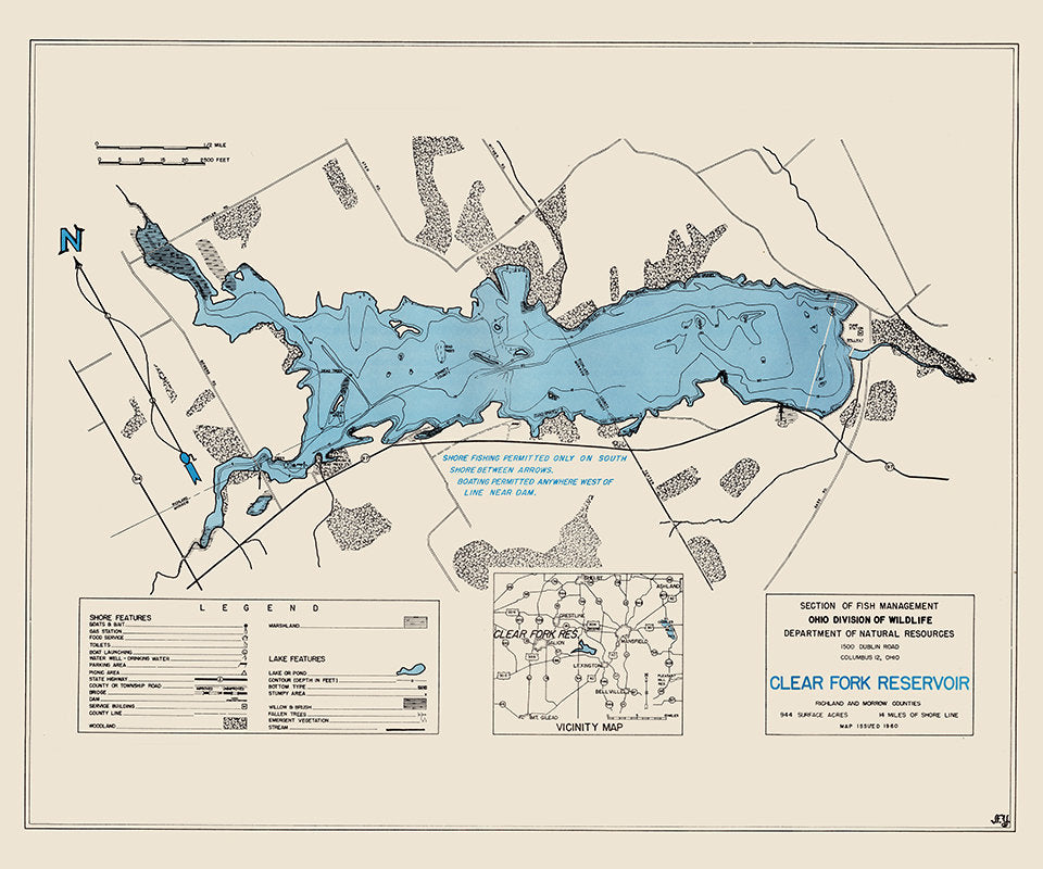 1960 Map of Clear Fork Reservoir Richland and Morrow County Ohio
