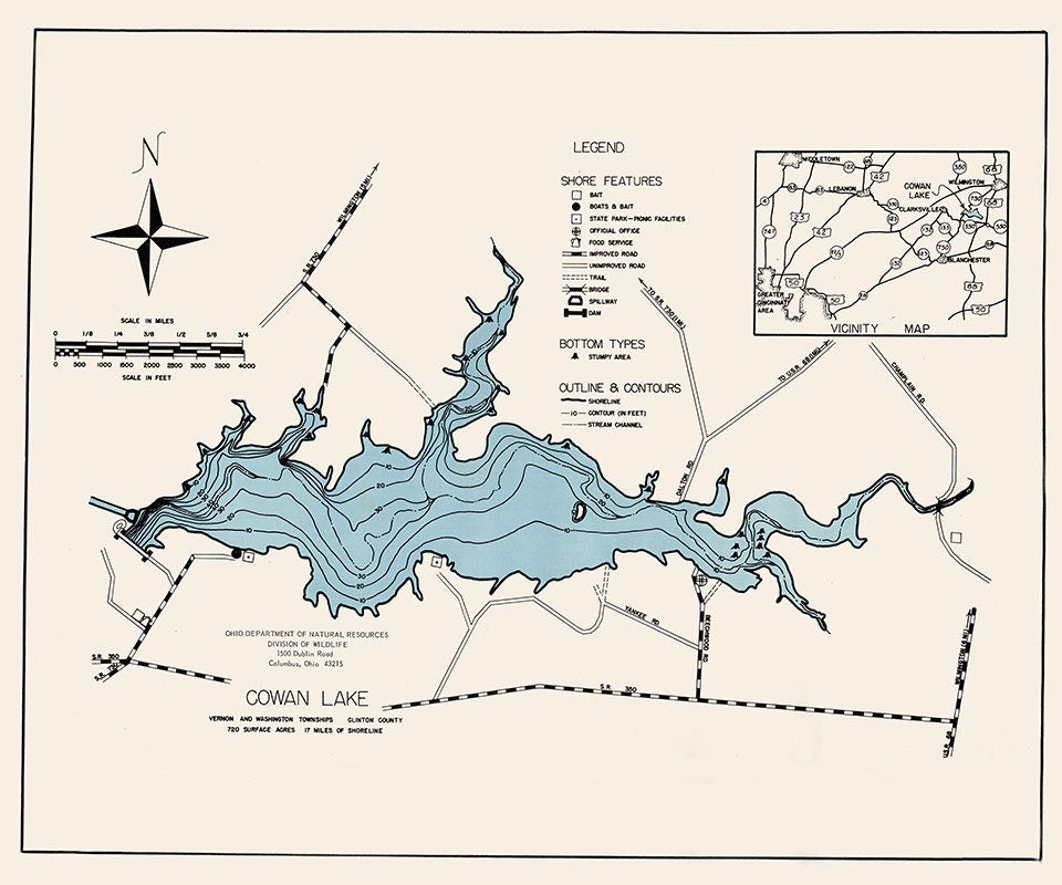 1960 Map of Cowan Lake Clinton County Ohio