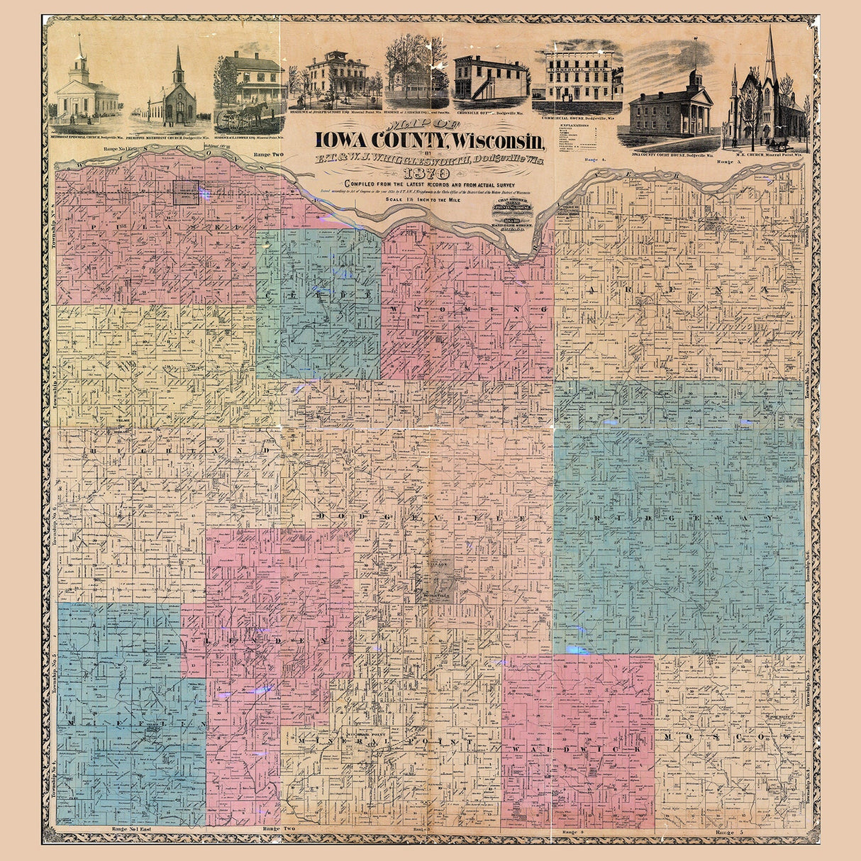 1870 Farm Line Map of Iowa County Wisconsin