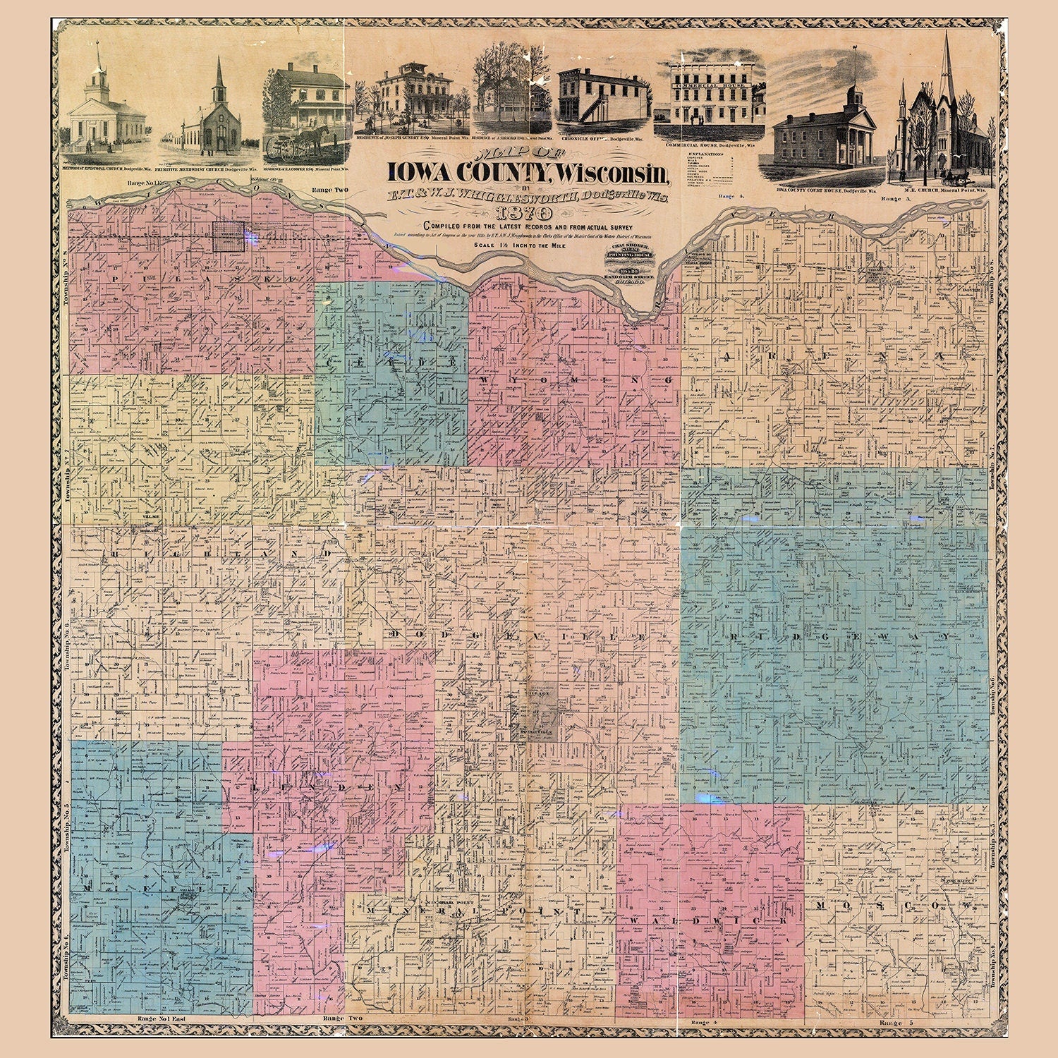 1870 Farm Line Map of Iowa County Wisconsin