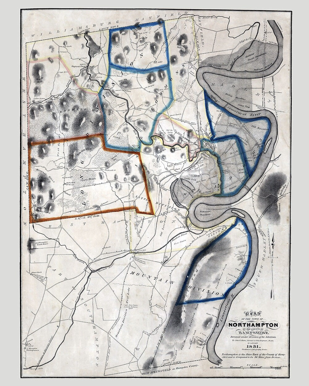 1831 Town Map of Northampton Hampshire County Massachusetts