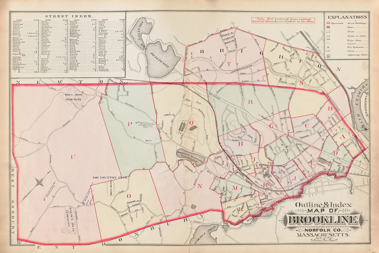 1888 Town Map of Brookline Norfolk County Massachusetts