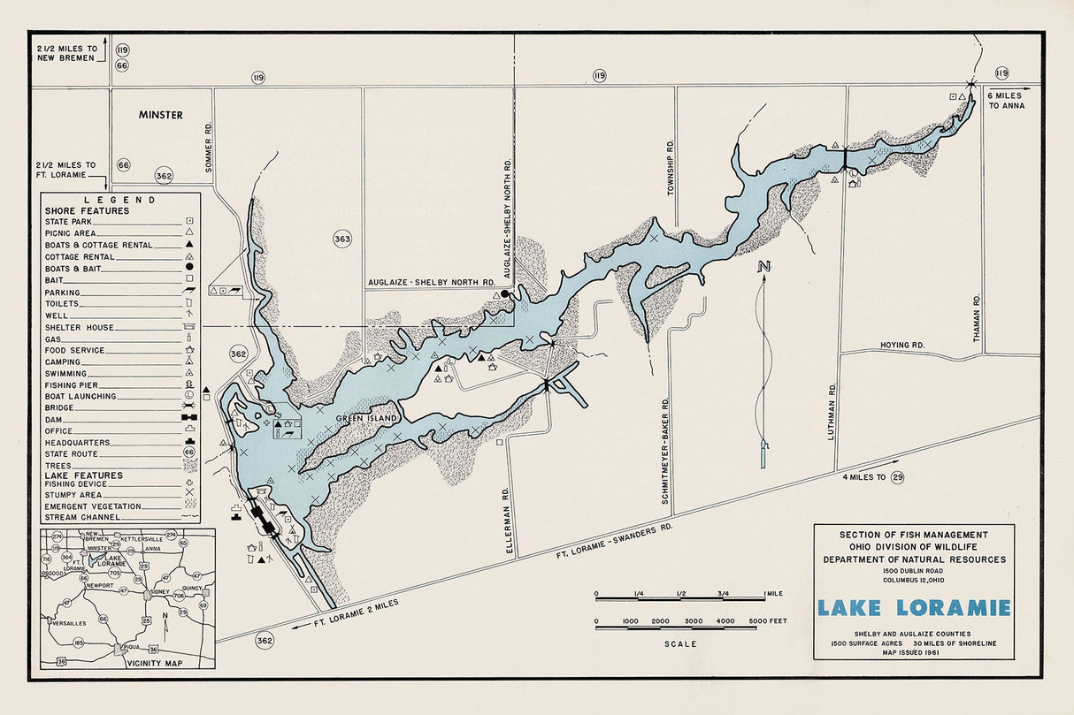 1961 Map of Lake Loramie Shelby and Auglaize County Ohio
