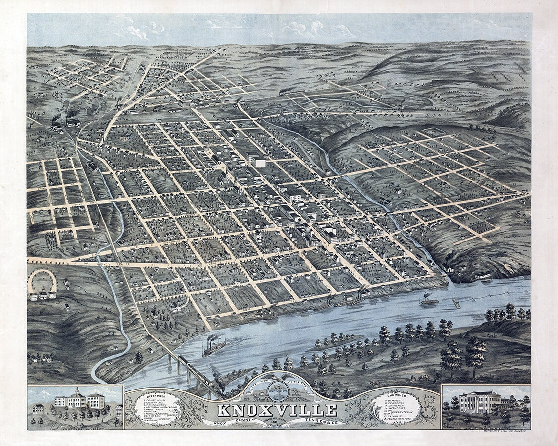 1871 Panoramic Map of Knoxville Knox County Tennessee