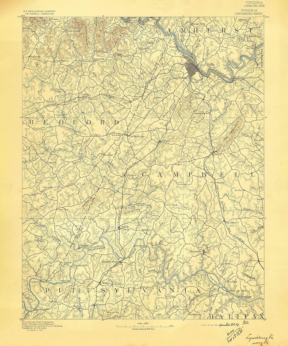 1892 Topo Map of Lynchburg Virginia Quadrangle