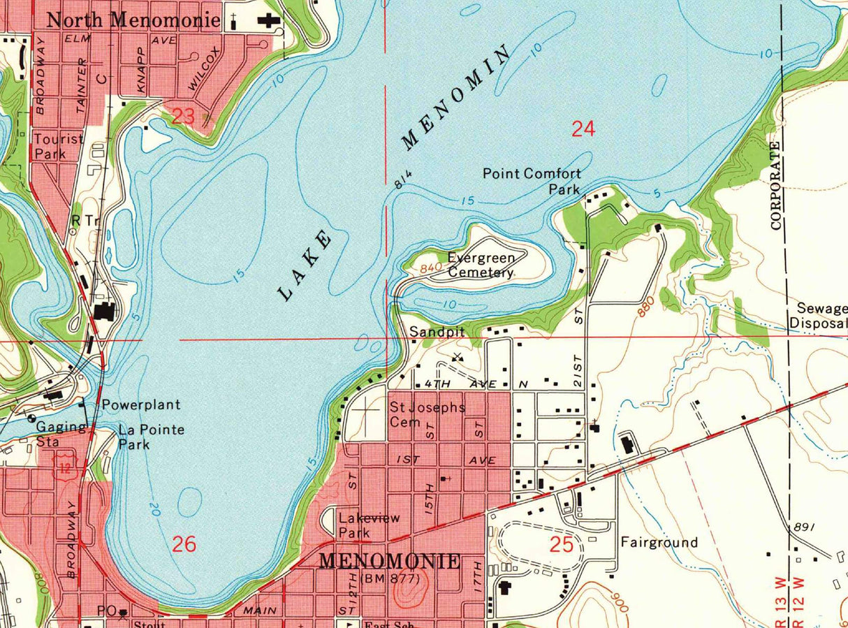 1972 Map of Lake Menomin Wisconsin and Tainter Lake