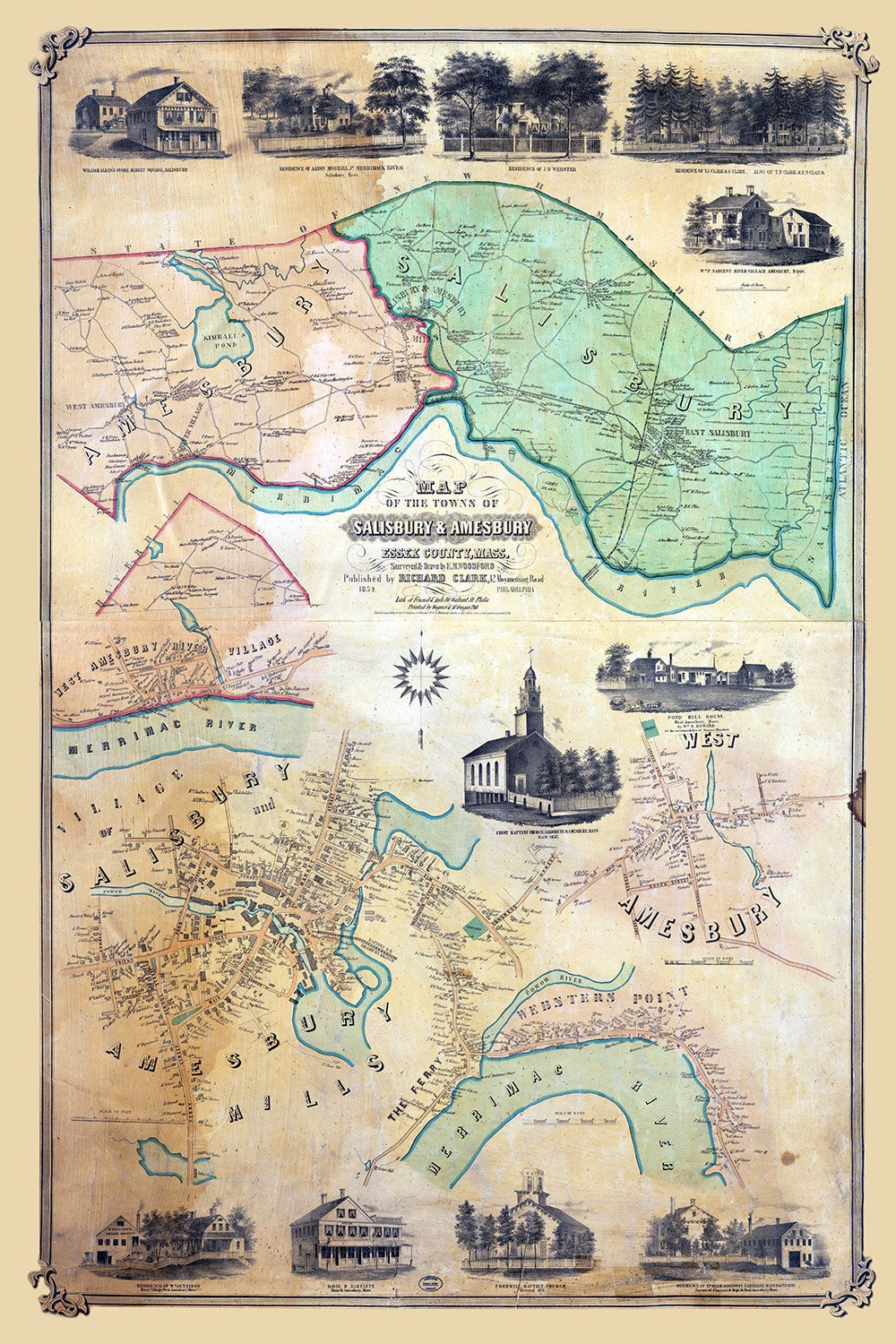 1854 Map of Salisbury & Amesbury Essex County Massachusetts