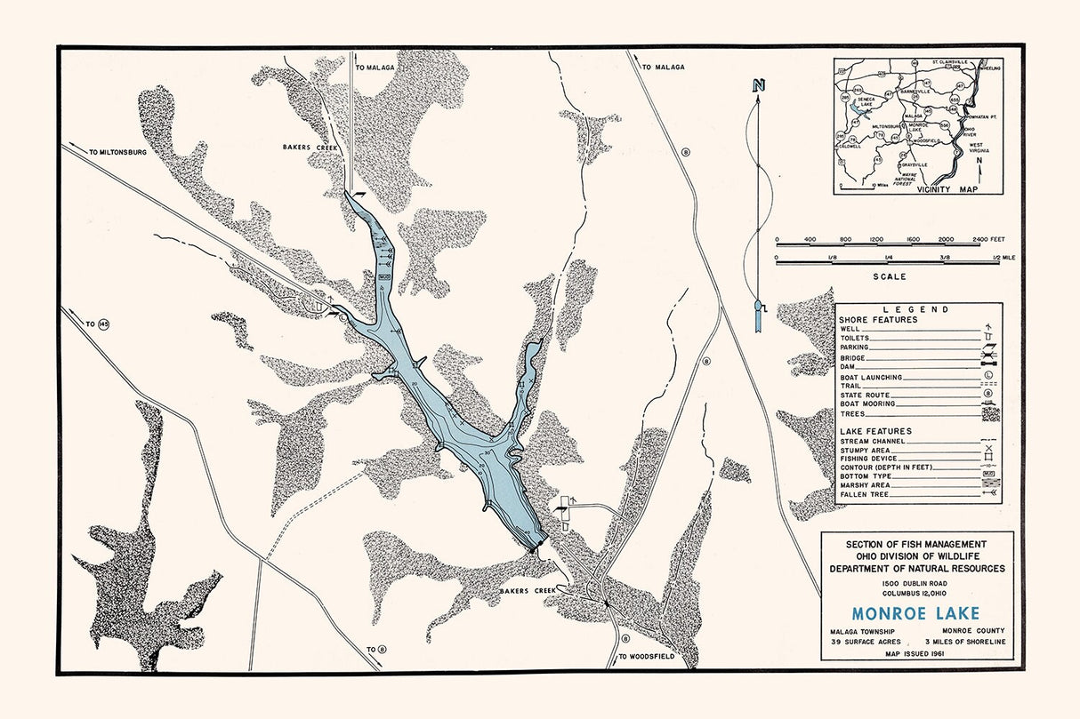1961 Map of Monroe Lake Monroe County Ohio