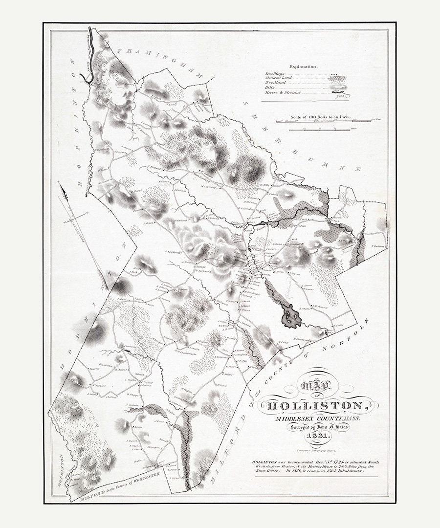 1831 Map of Holliston Middlesex County Massachusetts