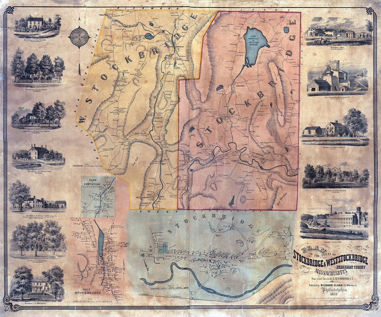1855 Town Map of Stockbridge & West Stockbridge Berkshire County Massachusetts