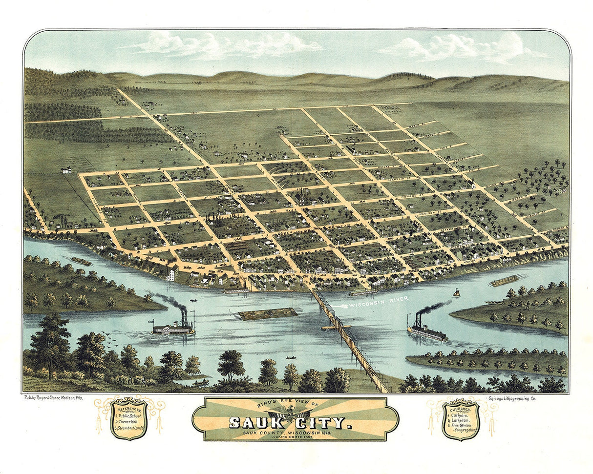 1870 Panoramic Map of Sauk City Sauk County Wisconsin