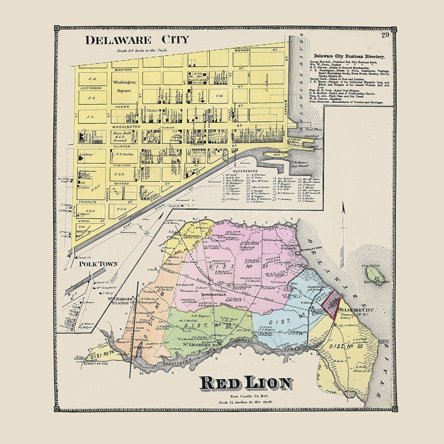 1868 Map of Red Lion New Castle County Delaware & Delaware City