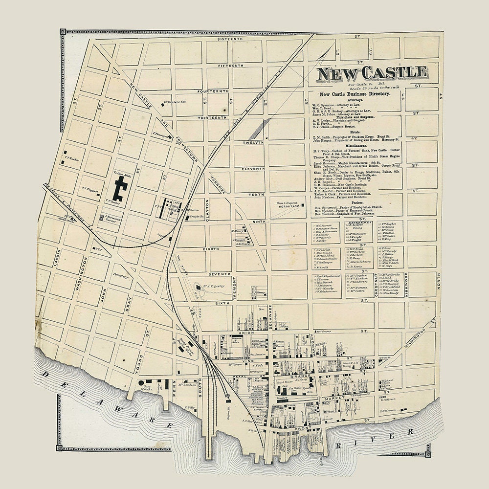 1868 Town Map of New Castle New Castle County Delaware