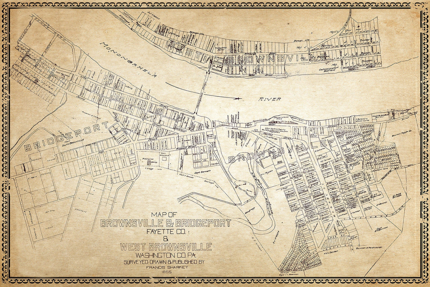 1855 Map of Brownsville Fayette & Washington County Pennsylvania