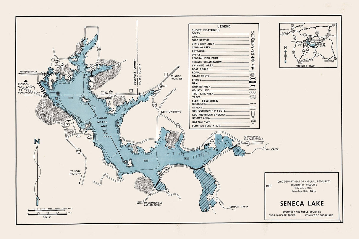 1961 Map of Seneca Lake Guernsey and Noble County Ohio