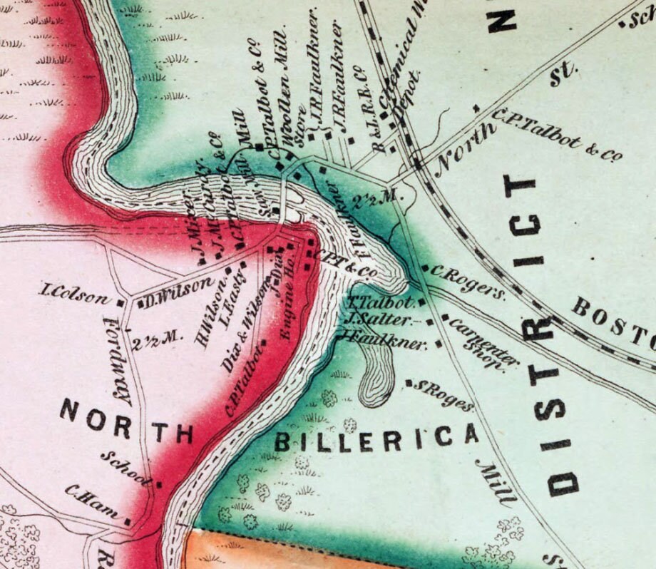 1853 Town Map of Billerica Middlesex County Massachusetts