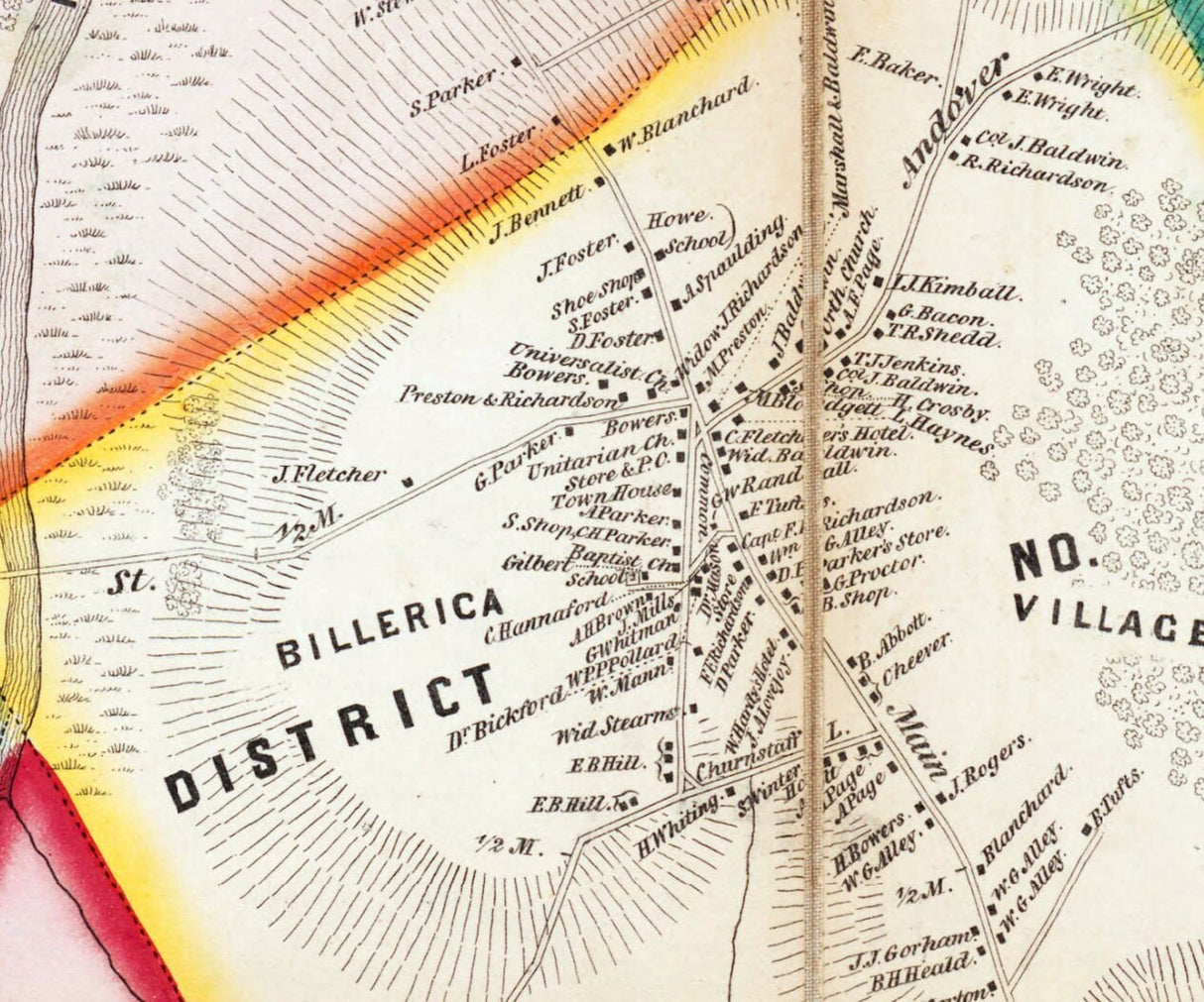 1853 Town Map of Billerica Middlesex County Massachusetts