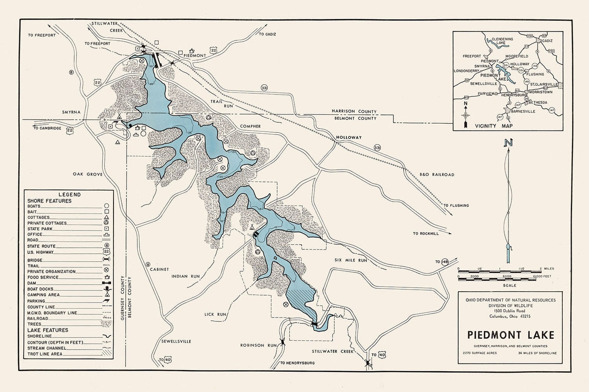 1961 Map of Piedmont Lake Guernsey Harrison and Belmont County Ohio