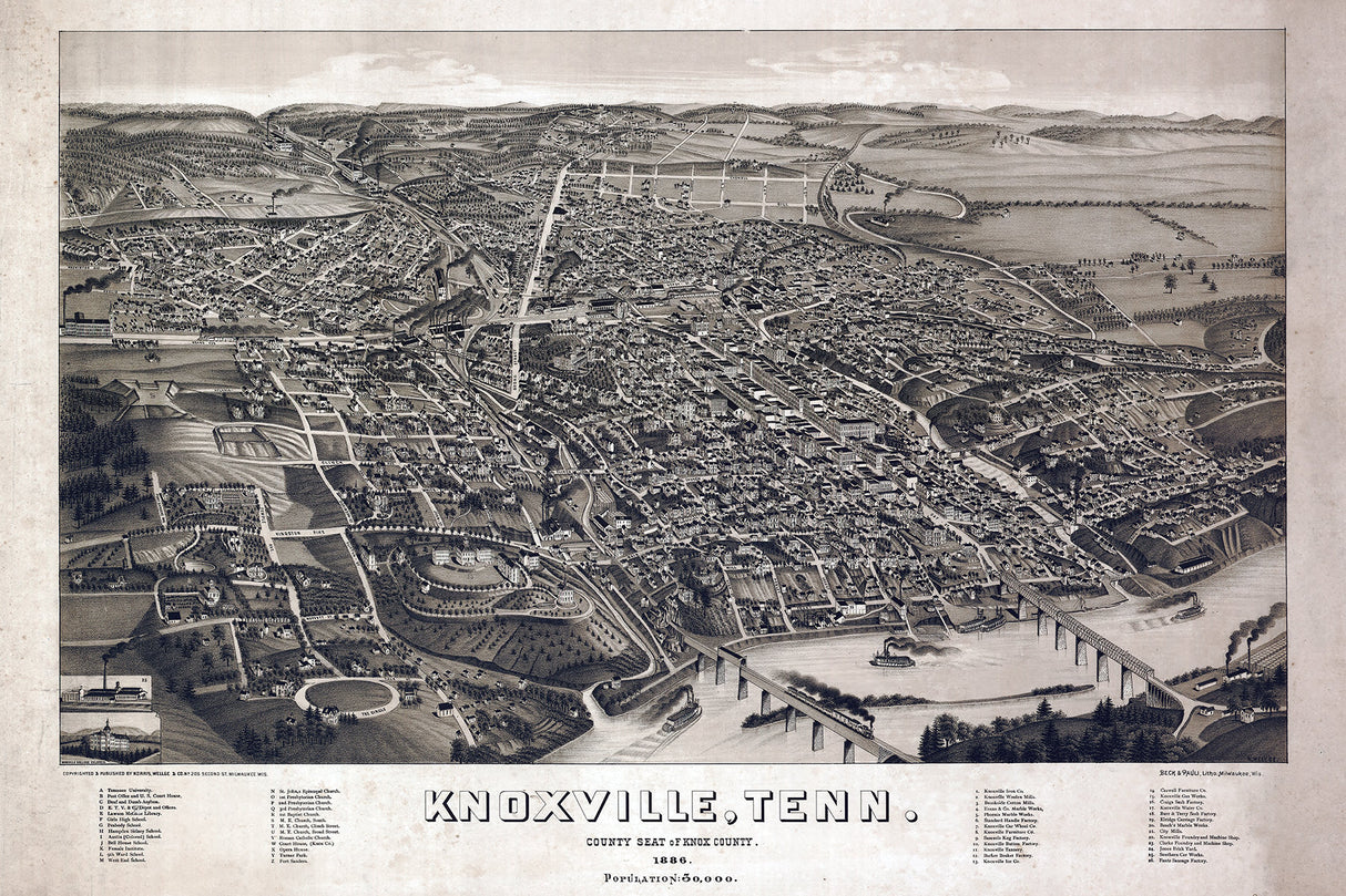 1886 Panoramic Map of Knoxville Tennessee