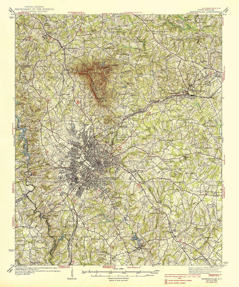 1938 Topo Map of Greenville South Carolina Quadrangle