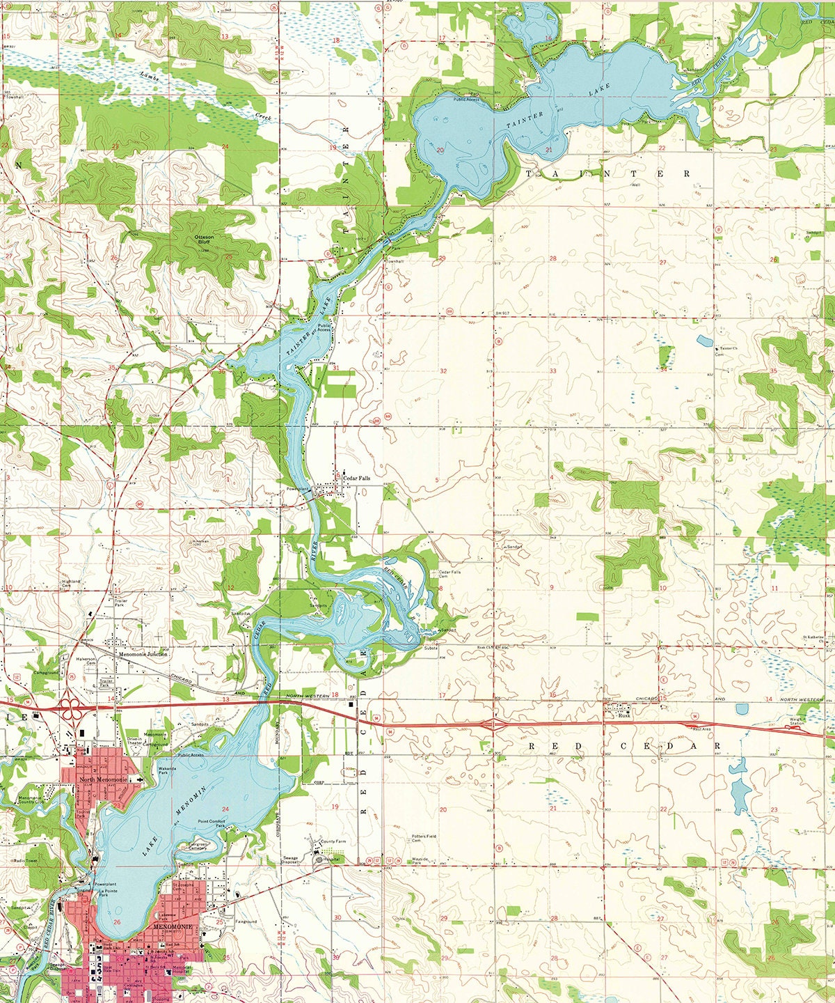 1972 Map of Lake Menomin Wisconsin and Tainter Lake
