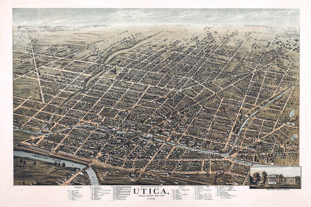 1873 Panoramic Map of Utica Oneida County New York