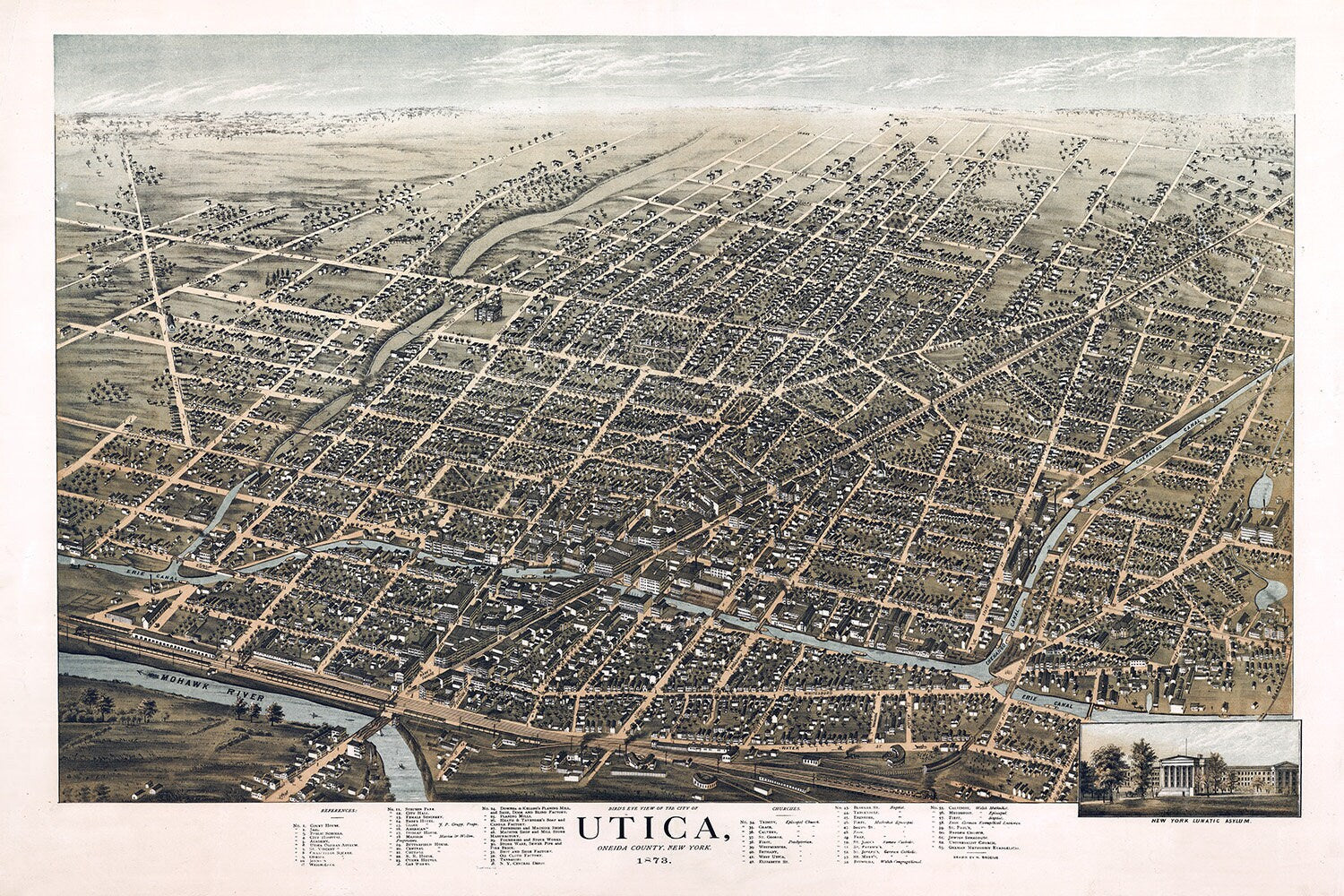 1873 Panoramic Map of Utica Oneida County New York
