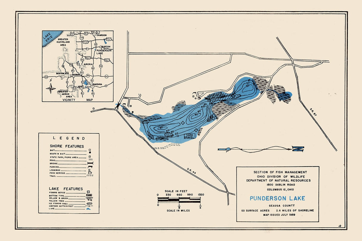 1959 Map of Punderson Lake Geauga County Ohio