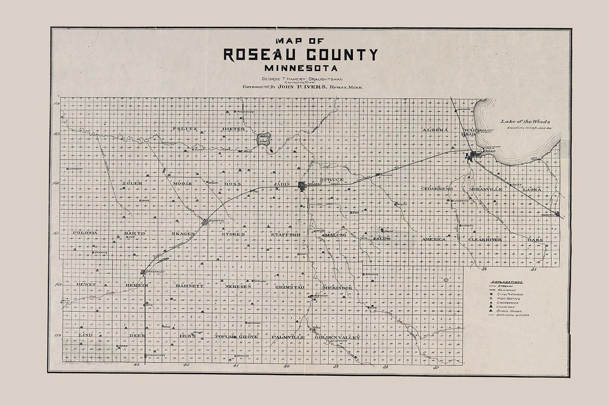 1907 Map of Roseau County Minnesota